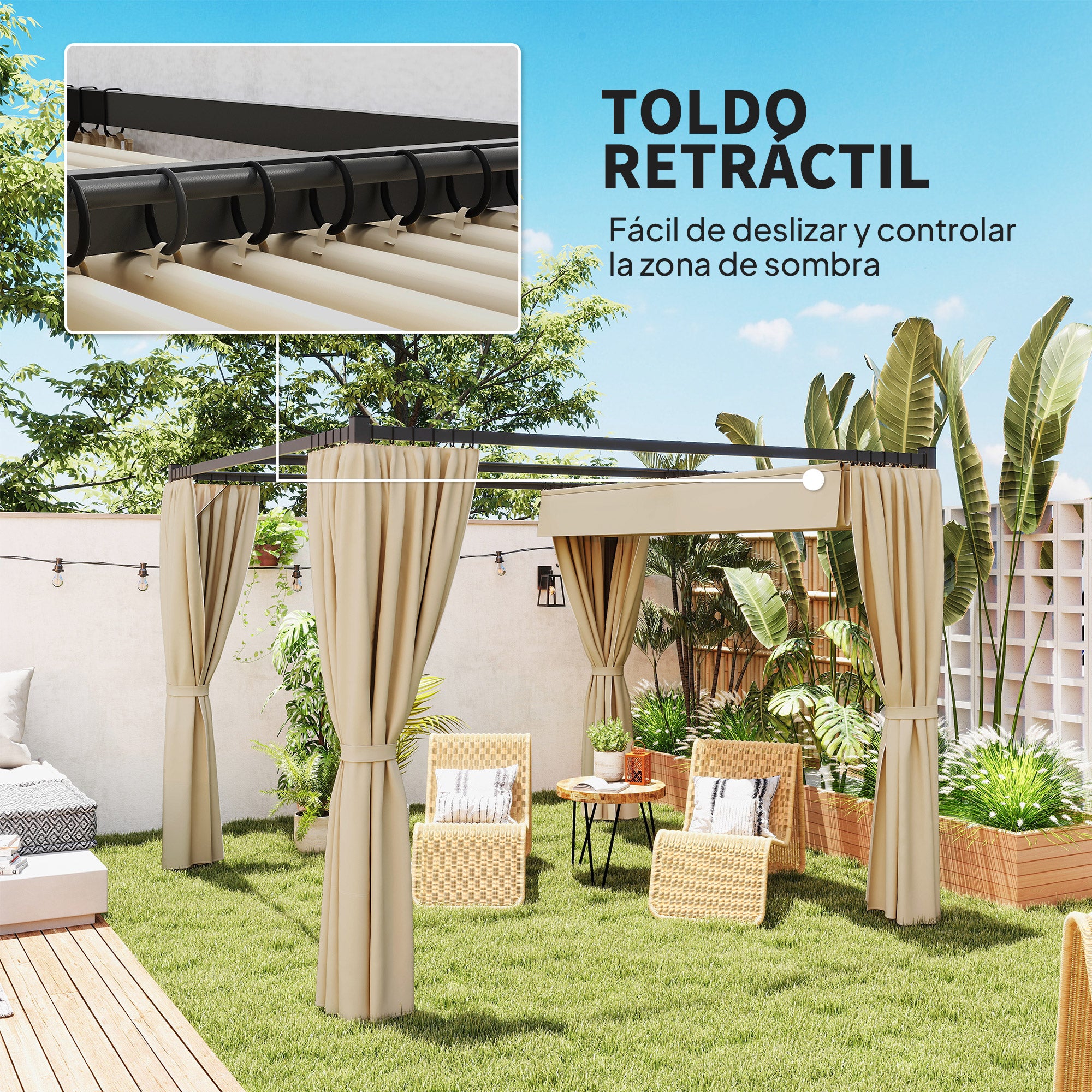 Retractable Roof Pergola Garden Pergola 3x3m Gazebo with Side Walls Water-Resistant Polyester Fabric Pavilion for Garden Patio Terrace Outdoor Beige