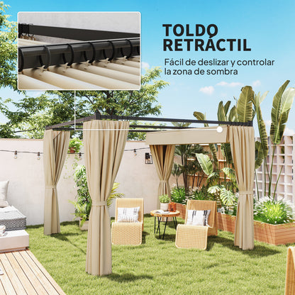 Retractable Roof Pergola Garden Pergola 3x3m Gazebo with Side Walls Water-Resistant Polyester Fabric Pavilion for Garden Patio Terrace Outdoor Beige
