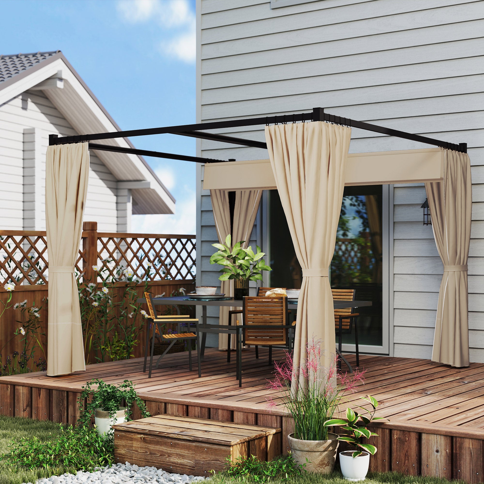 Retractable Roof Pergola Garden Pergola 3x3m Gazebo with Side Walls Water-Resistant Polyester Fabric Pavilion for Garden Patio Terrace Outdoor Beige