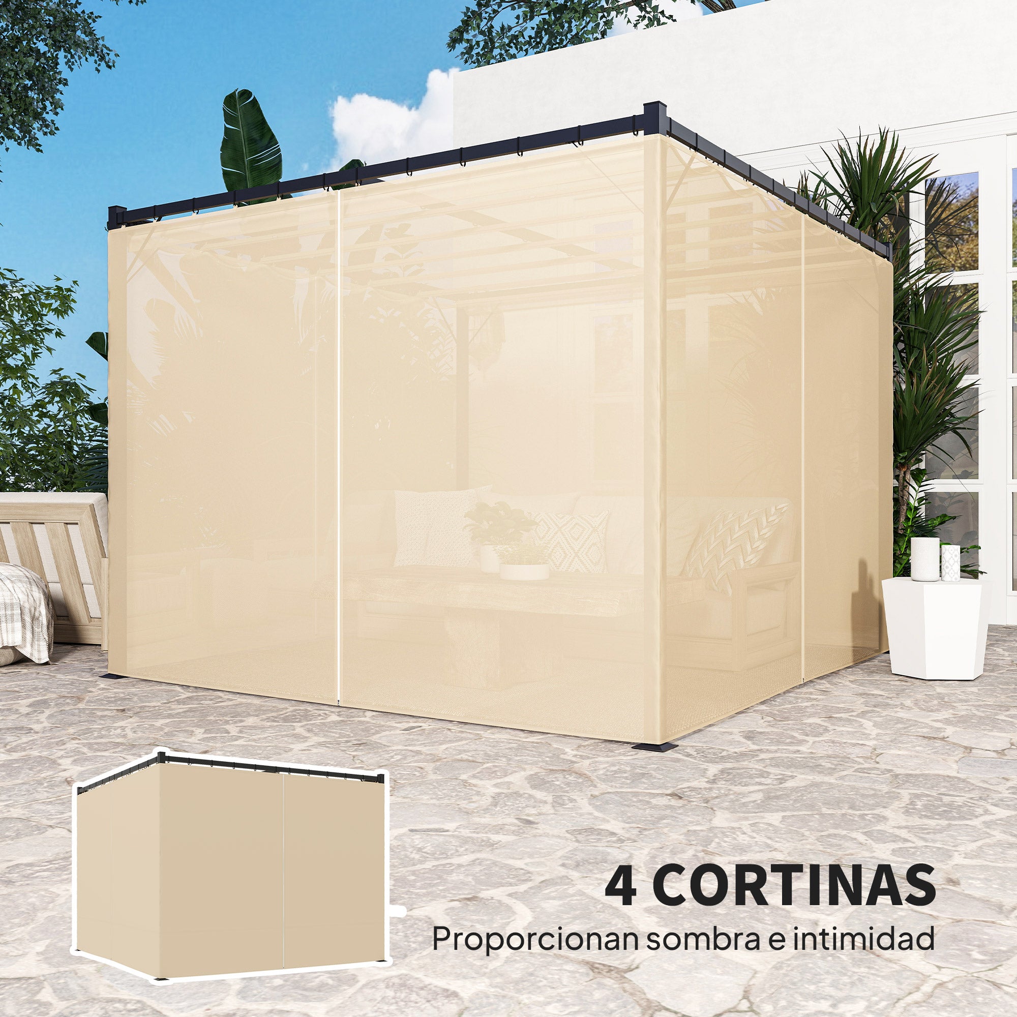 Retractable Roof Pergola Garden Pergola 3x3m Gazebo with Side Walls Water-Resistant Polyester Fabric Pavilion for Garden Patio Terrace Outdoor Beige