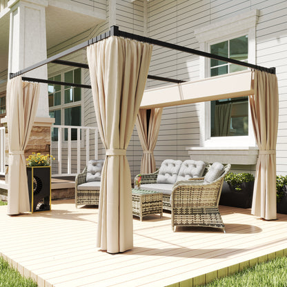 Retractable Roof Pergola Garden Pergola 3x3m Gazebo with Side Walls Water-Resistant Polyester Fabric Pavilion for Garden Patio Terrace Outdoor Beige