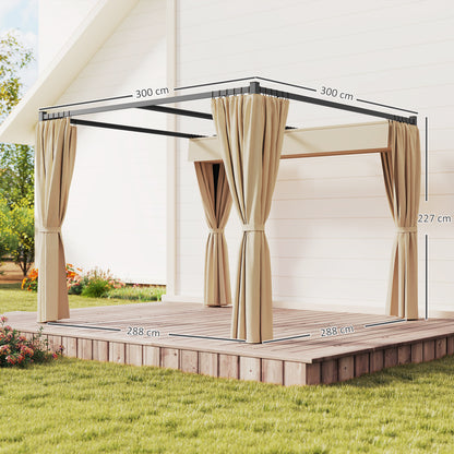 Retractable Roof Pergola Garden Pergola 3x3m Gazebo with Side Walls Water-Resistant Polyester Fabric Pavilion for Garden Patio Terrace Outdoor Beige