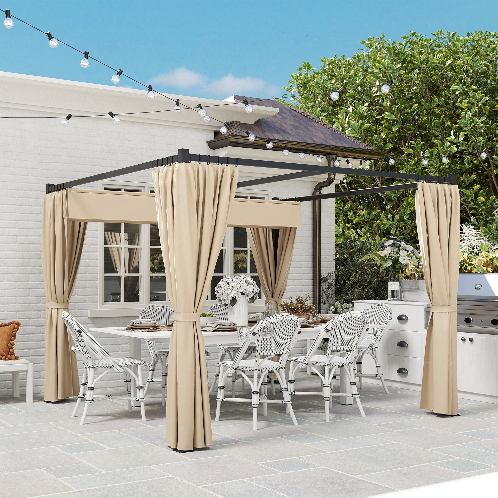 Retractable Roof Pergola Garden Pergola 3x3m Gazebo with Side Walls Water-Resistant Polyester Fabric Pavilion for Garden Patio Terrace Outdoor Beige