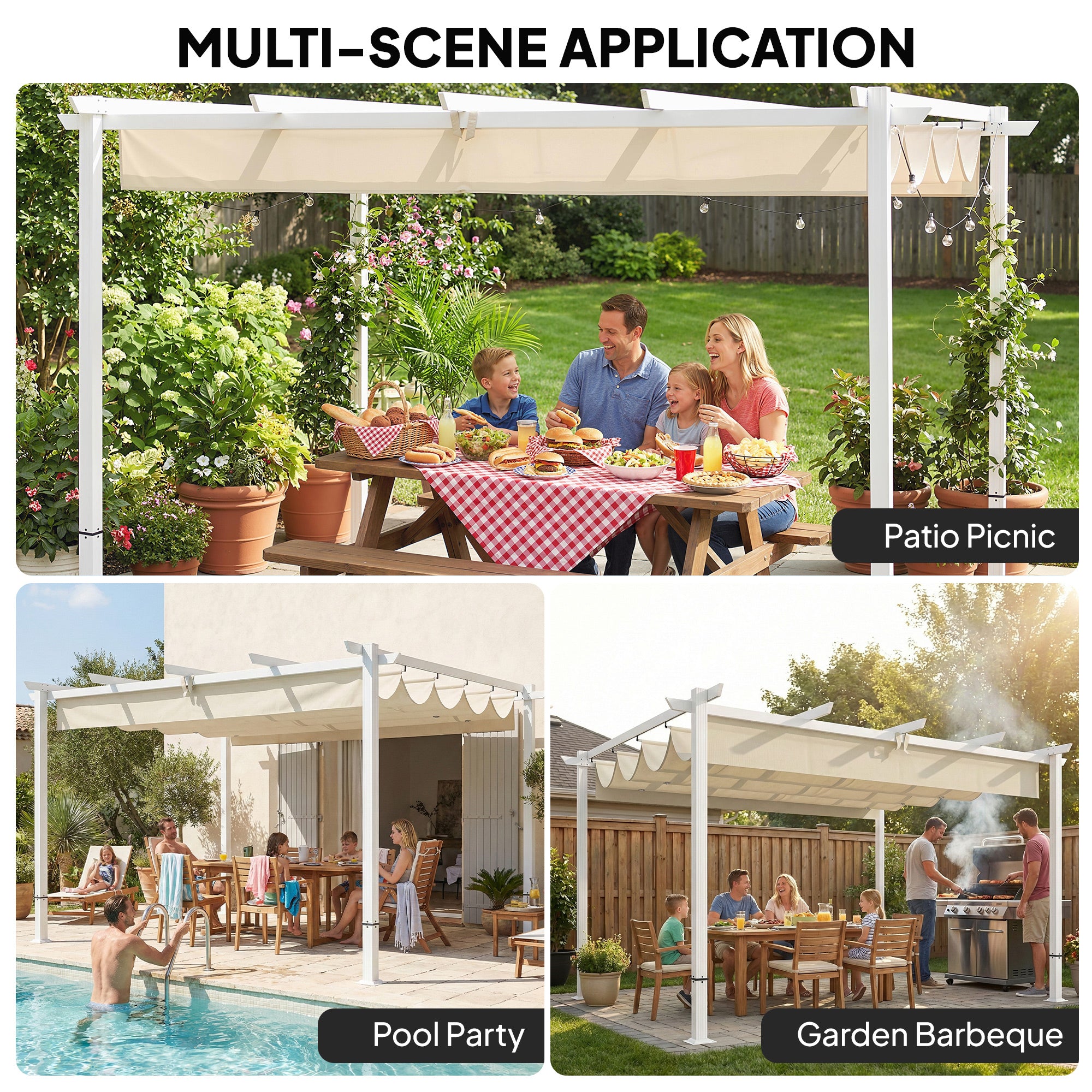 12 ft 10 in x 9 ft 9 in Retractable Roof Pergola, Magnetic Closures, UPF30+ Sun Shade, Freestanding Patio Gazebo with Drainage, Beige