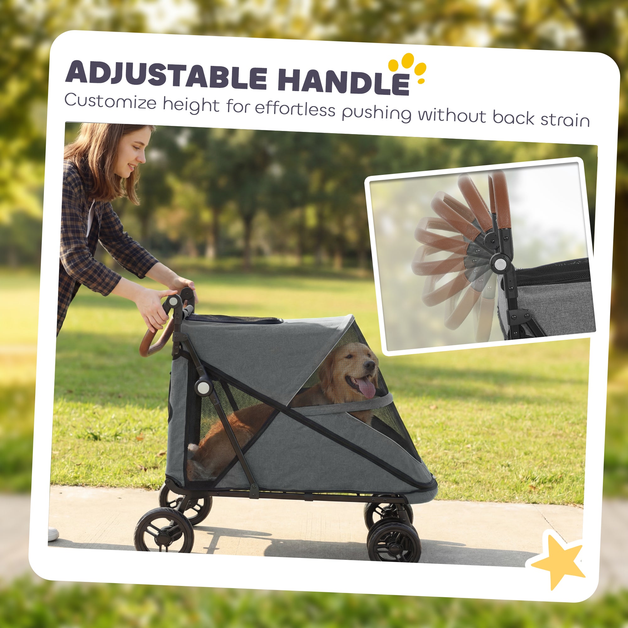 Foldable Dog Stroller – Up to 88 lb, 4-Wheel Suspension, 360° Swivel Front Wheels, Washable Cushion, Adjustable Handle, Gray