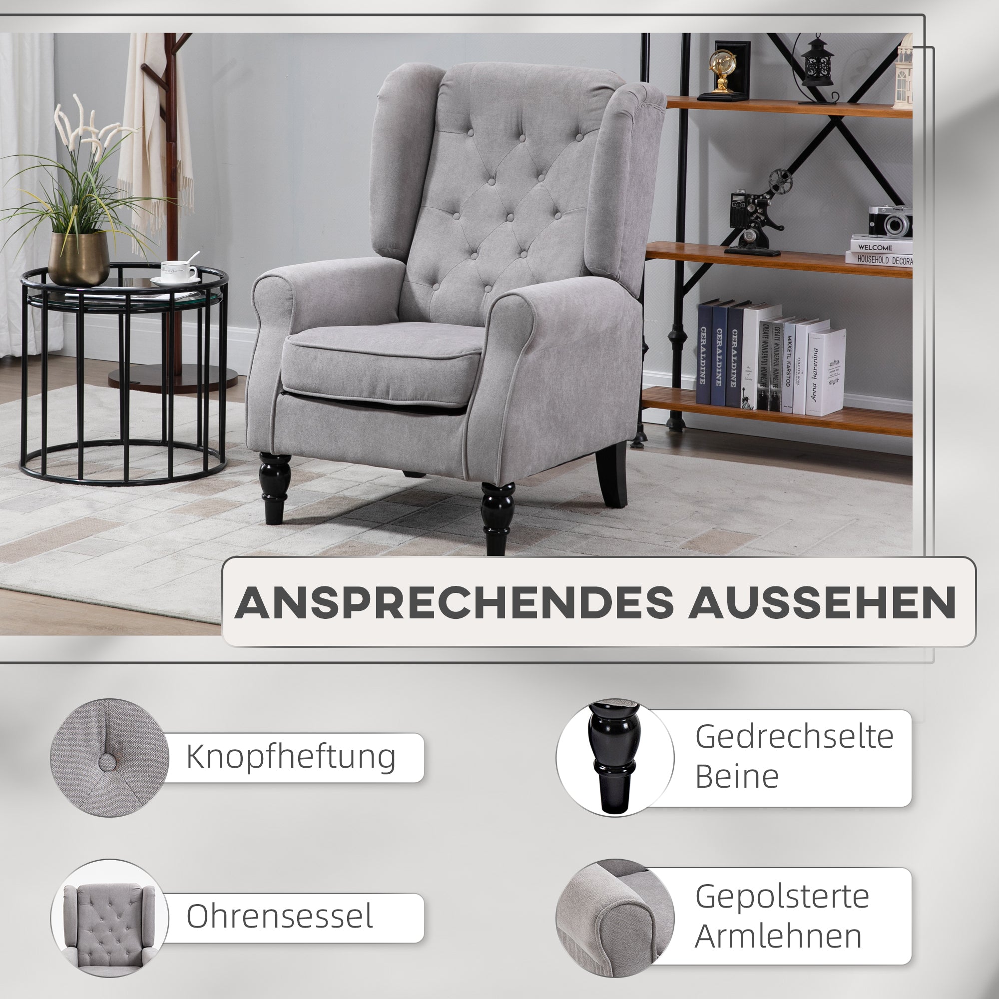 Wing Chair Armchair with Tufting, High Backrest, Upholstered Lounge Chair with Rounded Armrests, Wood Legs, for bedroom, living room, up to 160 kg, Gray