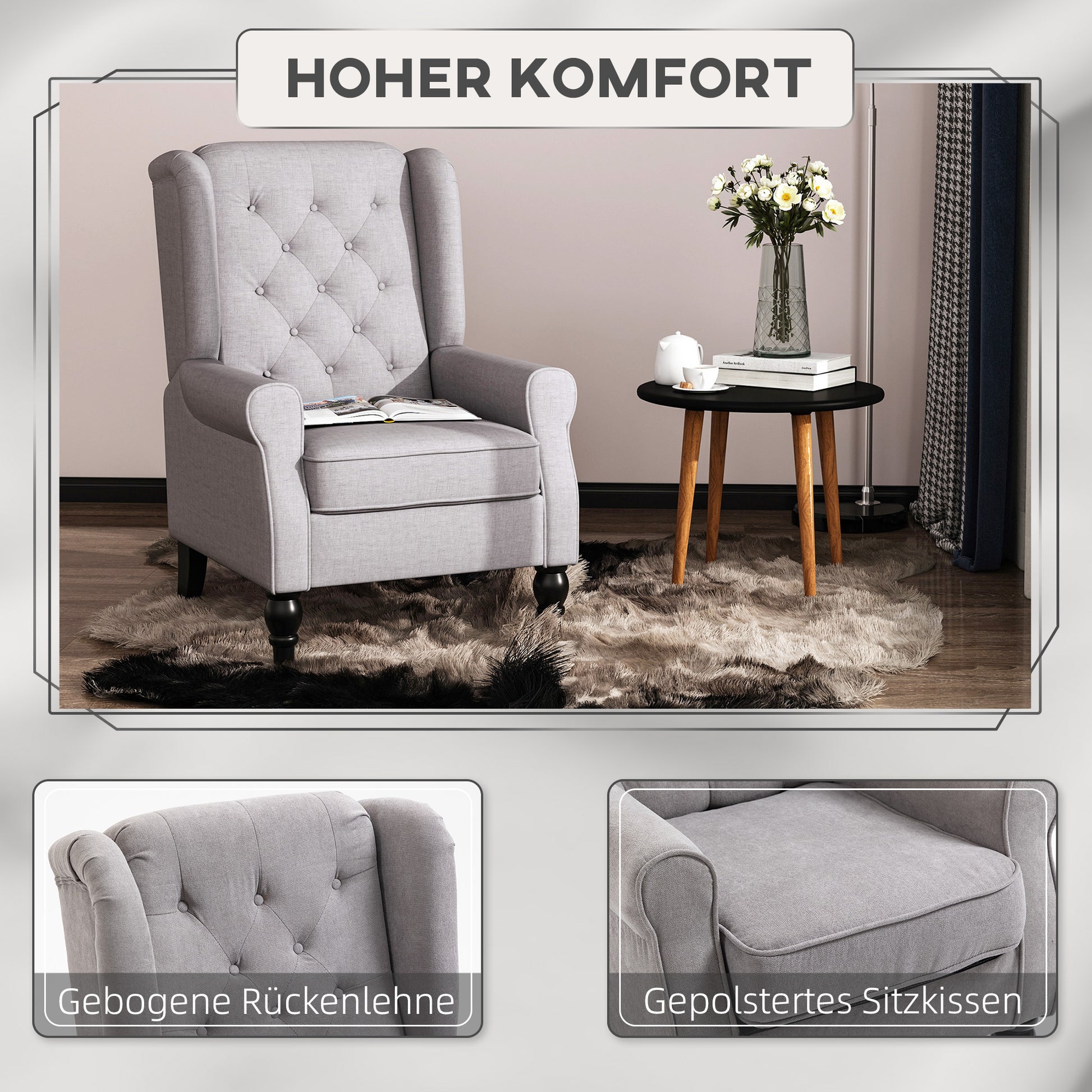 Wing Chair Armchair with Tufting, High Backrest, Upholstered Lounge Chair with Rounded Armrests, Wood Legs, for bedroom, living room, up to 160 kg, Gray