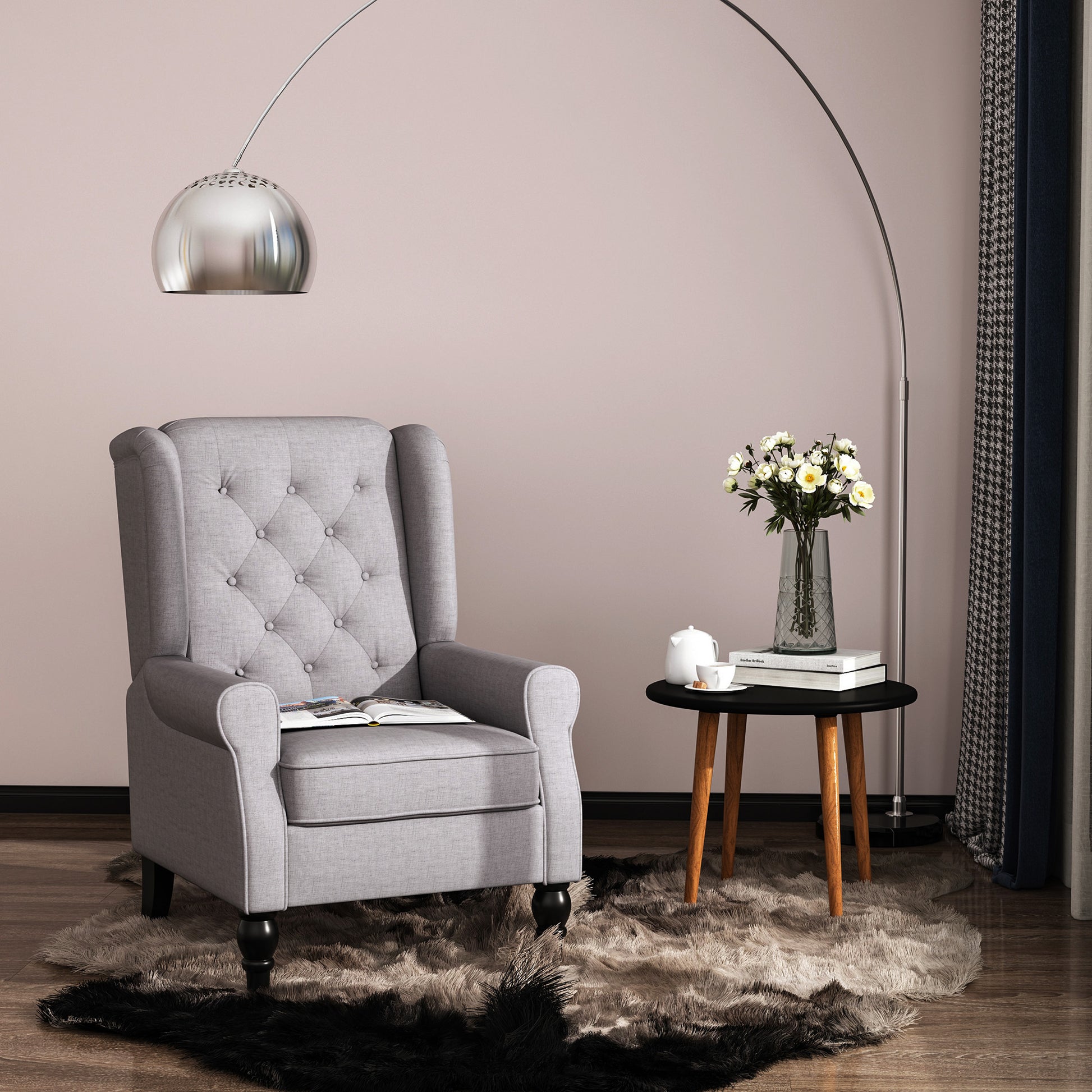 Wing Chair Armchair with Tufting, High Backrest, Upholstered Lounge Chair with Rounded Armrests, Wood Legs, for bedroom, living room, up to 160 kg, Gray