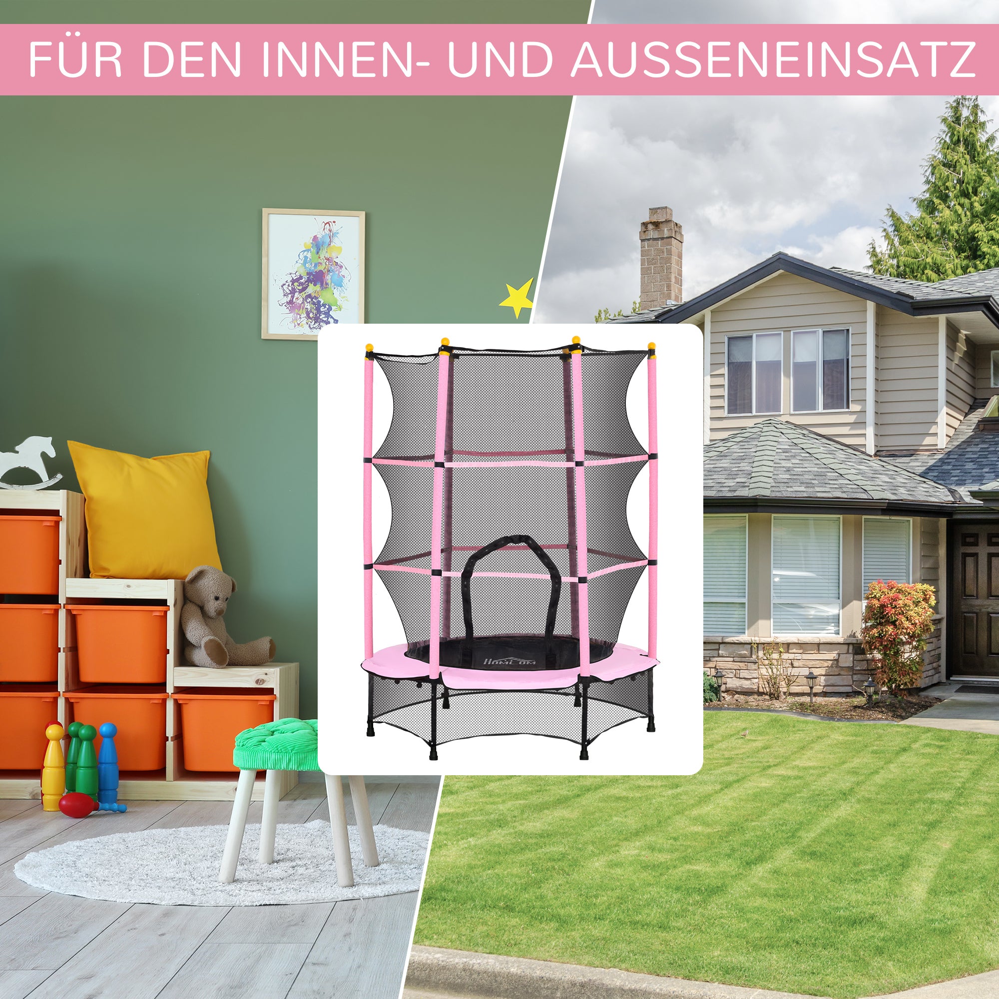 Kids Trampoline Ø140 cm, Trampoline with Safety Net, Edge Cover, Garden Trampoline for Children 3-10 Years, Up to 50 kg, Pink