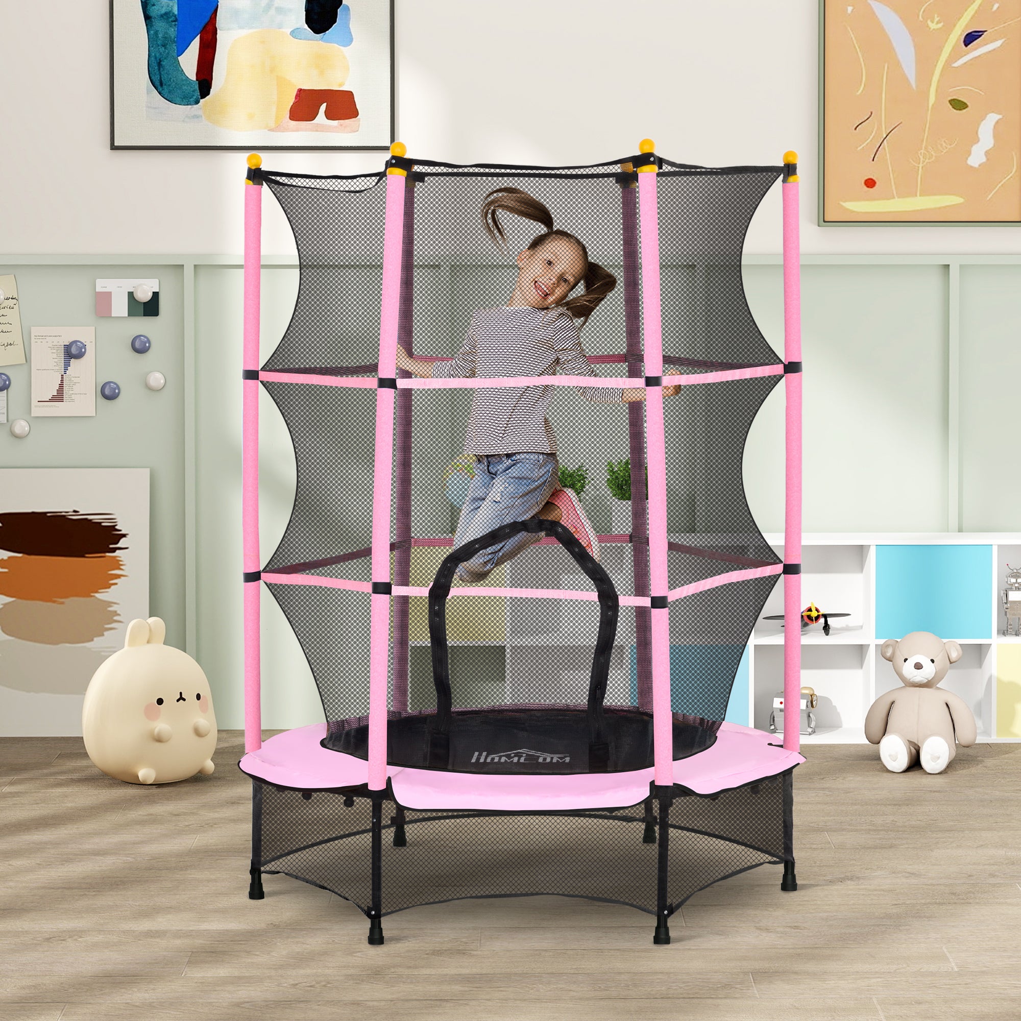 Kids Trampoline Ø140 cm, Trampoline with Safety Net, Edge Cover, Garden Trampoline for Children 3-10 Years, Up to 50 kg, Pink