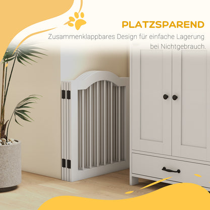 Dog Barrier Gate 4-Panel, 208 x 61 cm Foldable Dog Gate with Door, Door Protection Gate with 2 Support Feet, Freestanding Stair Gate for Kitchen, Hallway, White