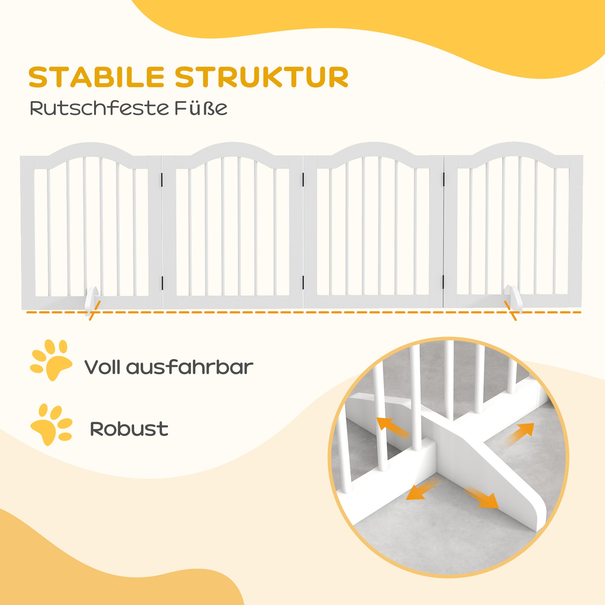 Dog Barrier Gate 4-Panel, 208 x 61 cm Foldable Dog Gate with Door, Door Protection Gate with 2 Support Feet, Freestanding Stair Gate for Kitchen, Hallway, White
