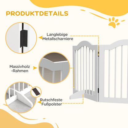 Dog Barrier Gate 4-Panel, 208 x 61 cm Foldable Dog Gate with Door, Door Protection Gate with 2 Support Feet, Freestanding Stair Gate for Kitchen, Hallway, White