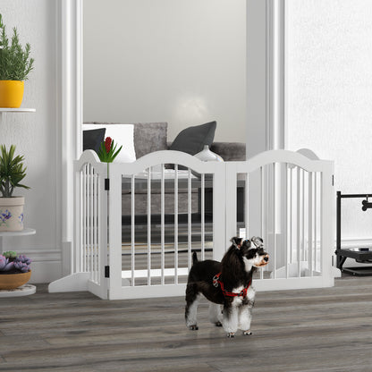 Dog Barrier Gate 4-Panel, 208 x 61 cm Foldable Dog Gate with Door, Door Protection Gate with 2 Support Feet, Freestanding Stair Gate for Kitchen, Hallway, White