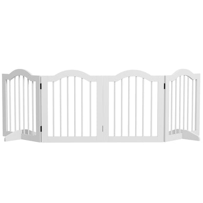 Dog Barrier Gate 4-Panel, 208 x 61 cm Foldable Dog Gate with Door, Door Protection Gate with 2 Support Feet, Freestanding Stair Gate for Kitchen, Hallway, White