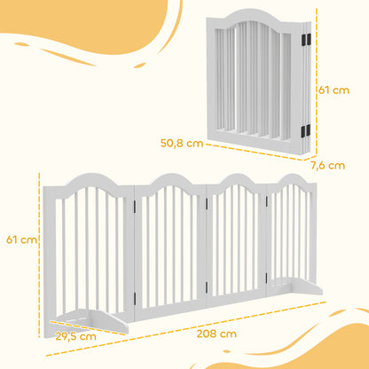 Dog Barrier Gate 4-Panel, 208 x 61 cm Foldable Dog Gate with Door, Door Protection Gate with 2 Support Feet, Freestanding Stair Gate for Kitchen, Hallway, White