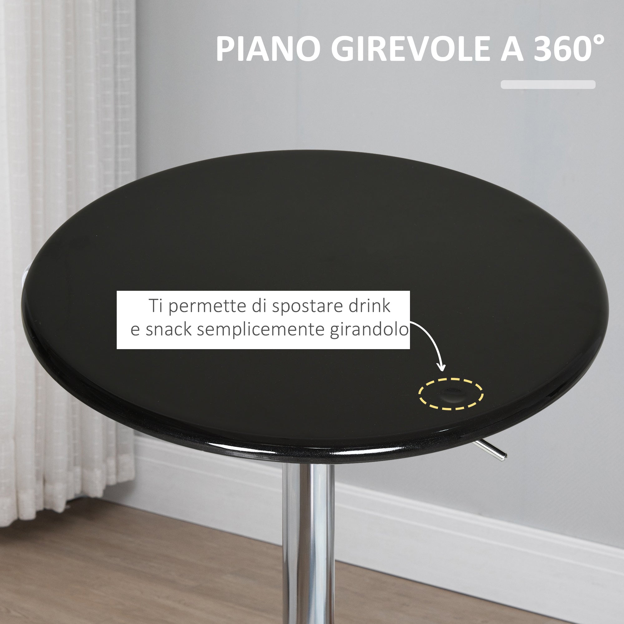 Round Bar Table with Swivel Top, Gas Lift Adjustable Height, Steel Base, Φ61x76-97cm, Black