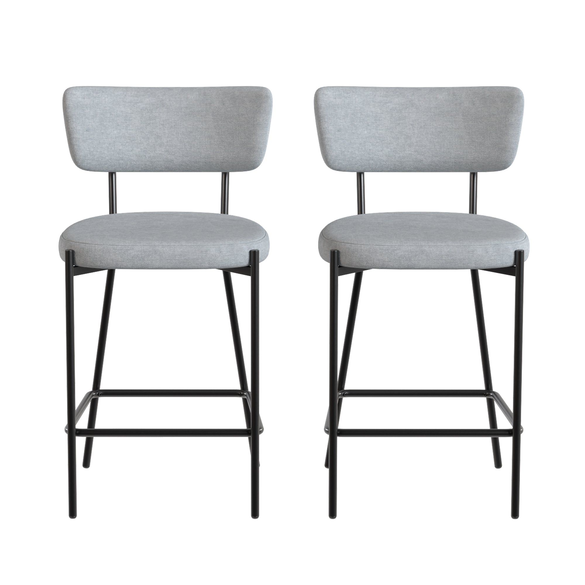 Set of 2 Upholstered Bar Stools — 24.8" Seat Height, Curved Back & Footrest, Metal Legs, Linen-Look Fabric, Light Gray