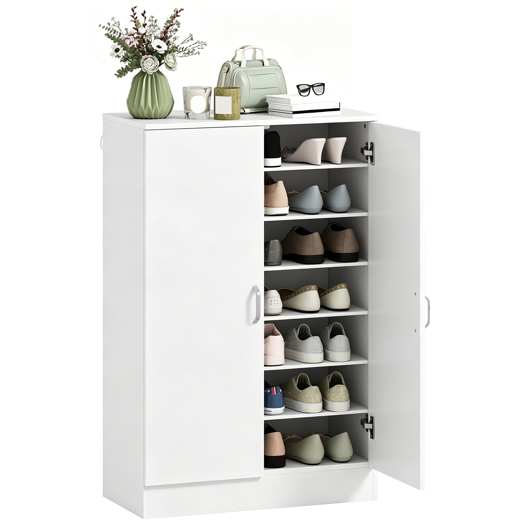 2-Door Shoe Cabinet with 6 Adjustable Shelves, Soft-Close, Stores up to 21 Pairs – Natural Wood Finish (27.6 x 13.8 x 42.5 in)