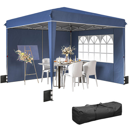 3 x 3 m (10'x10') Waterproof Pop-Up Canopy, Adjustable Height, 2 Removable Sidewalls, UV50+, Foldable Party Tent with Carry Bag & Sandbags — Dark Blue