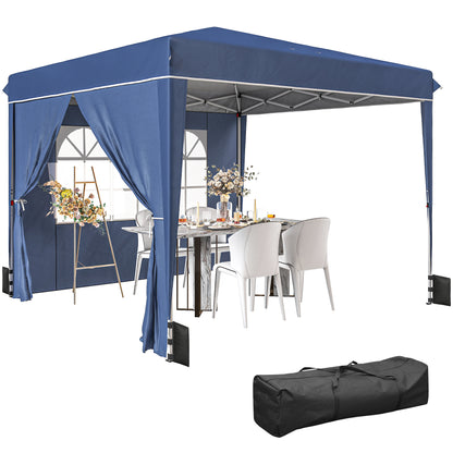3 x 3 m (10'x10') Waterproof Pop-Up Canopy, Adjustable Height, 2 Removable Sidewalls, UV50+, Foldable Party Tent with Carry Bag & Sandbags — Dark Blue