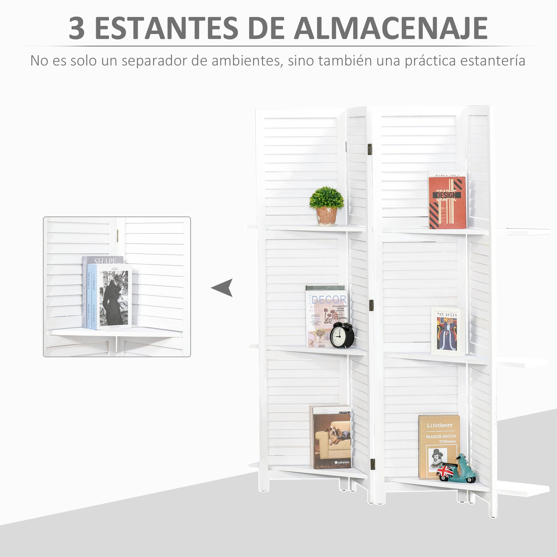 4-Panel Wood Room Divider Folding Partition with 3 Removable Shelves Shutter Design for Bedroom Office 63x67 inches White