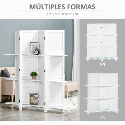 4-Panel Wood Room Divider Folding Partition with 3 Removable Shelves Shutter Design for Bedroom Office 63x67 inches White
