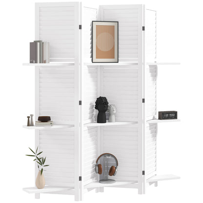 4-Panel Wood Room Divider Folding Partition with 3 Removable Shelves Shutter Design for Bedroom Office 63x67 inches White