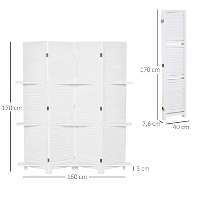 4-Panel Wood Room Divider Folding Partition with 3 Removable Shelves Shutter Design for Bedroom Office 63x67 inches White