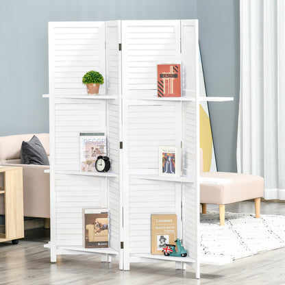 4-Panel Wood Room Divider Folding Partition with 3 Removable Shelves Shutter Design for Bedroom Office 63x67 inches White