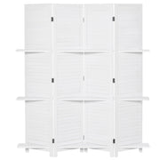 4-Panel Wood Room Divider Folding Partition with 3 Removable Shelves Shutter Design for Bedroom Office 63x67 inches White