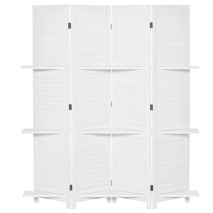 4-Panel Wood Room Divider Folding Partition with 3 Removable Shelves Shutter Design for Bedroom Office 63x67 inches White