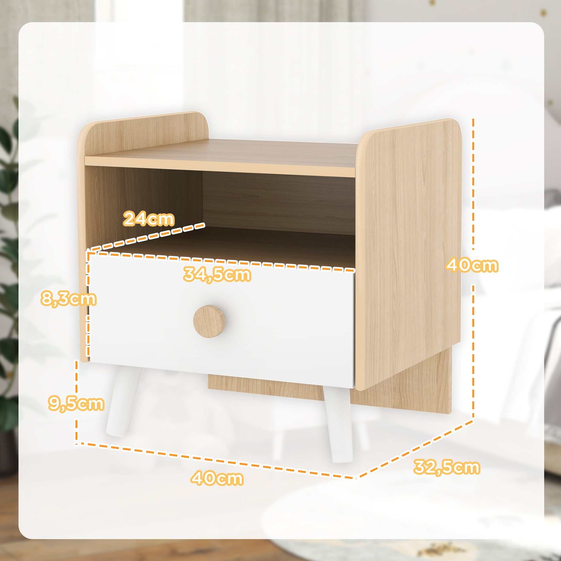 Children's Wooden Bedside Table Nightstand for Kids +3 Years with Drawer and Rounded Edges for Oak and White Bedroom