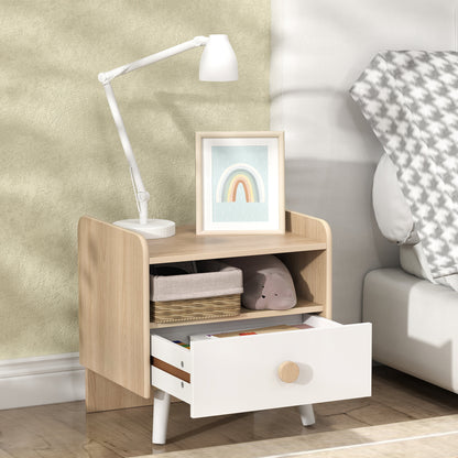 Children's Wooden Bedside Table Nightstand for Kids +3 Years with Drawer and Rounded Edges for Oak and White Bedroom