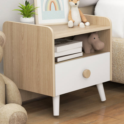 Children's Wooden Bedside Table Nightstand for Kids +3 Years with Drawer and Rounded Edges for Oak and White Bedroom