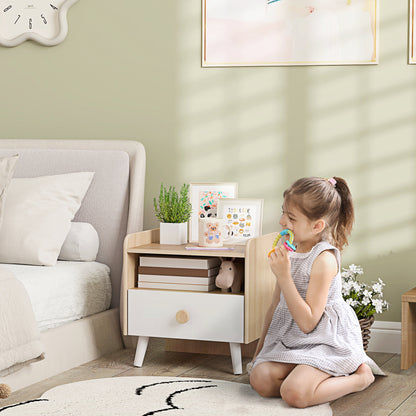 Children's Wooden Bedside Table Nightstand for Kids +3 Years with Drawer and Rounded Edges for Oak and White Bedroom