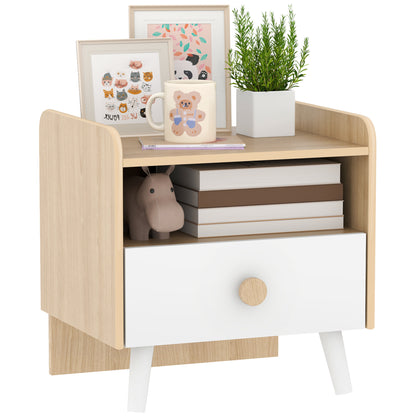 Children's Wooden Bedside Table Nightstand for Kids +3 Years with Drawer and Rounded Edges for Oak and White Bedroom