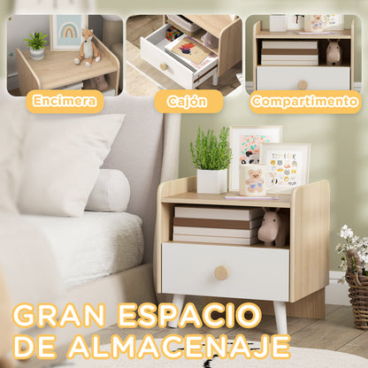 Children's Wooden Bedside Table Nightstand for Kids +3 Years with Drawer and Rounded Edges for Oak and White Bedroom