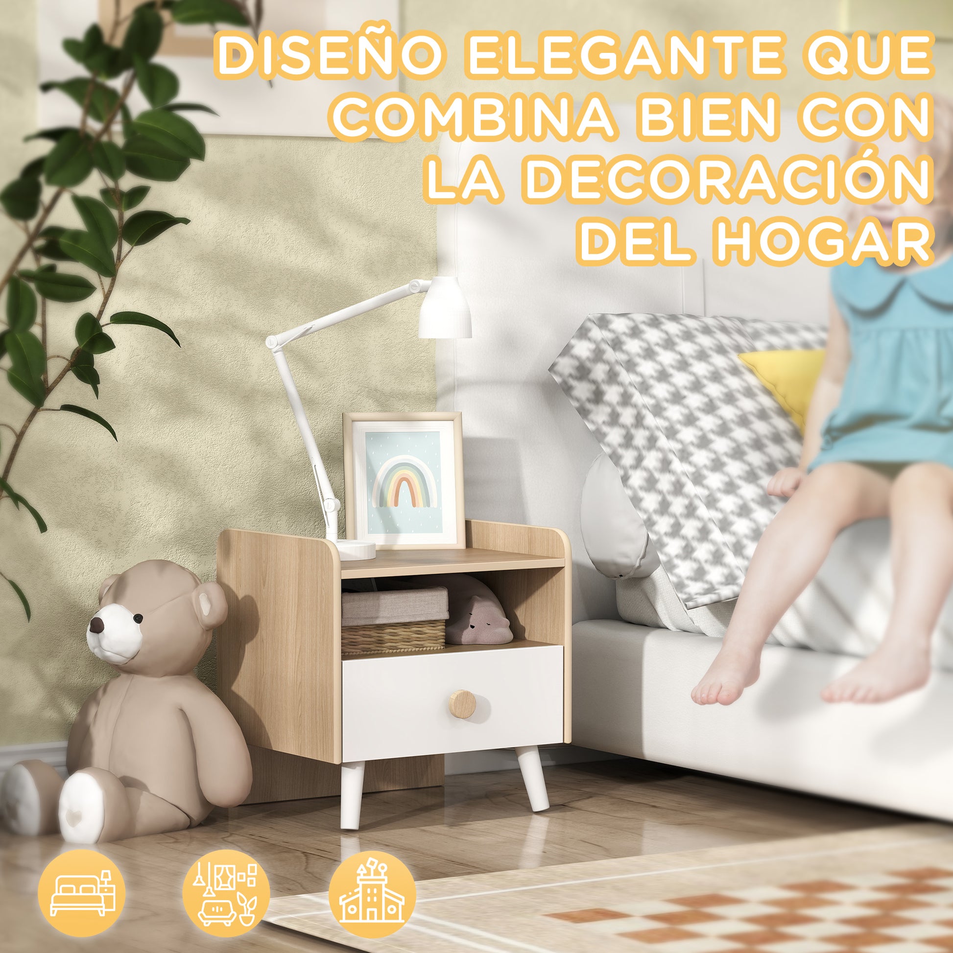 Children's Wooden Bedside Table Nightstand for Kids +3 Years with Drawer and Rounded Edges for Oak and White Bedroom