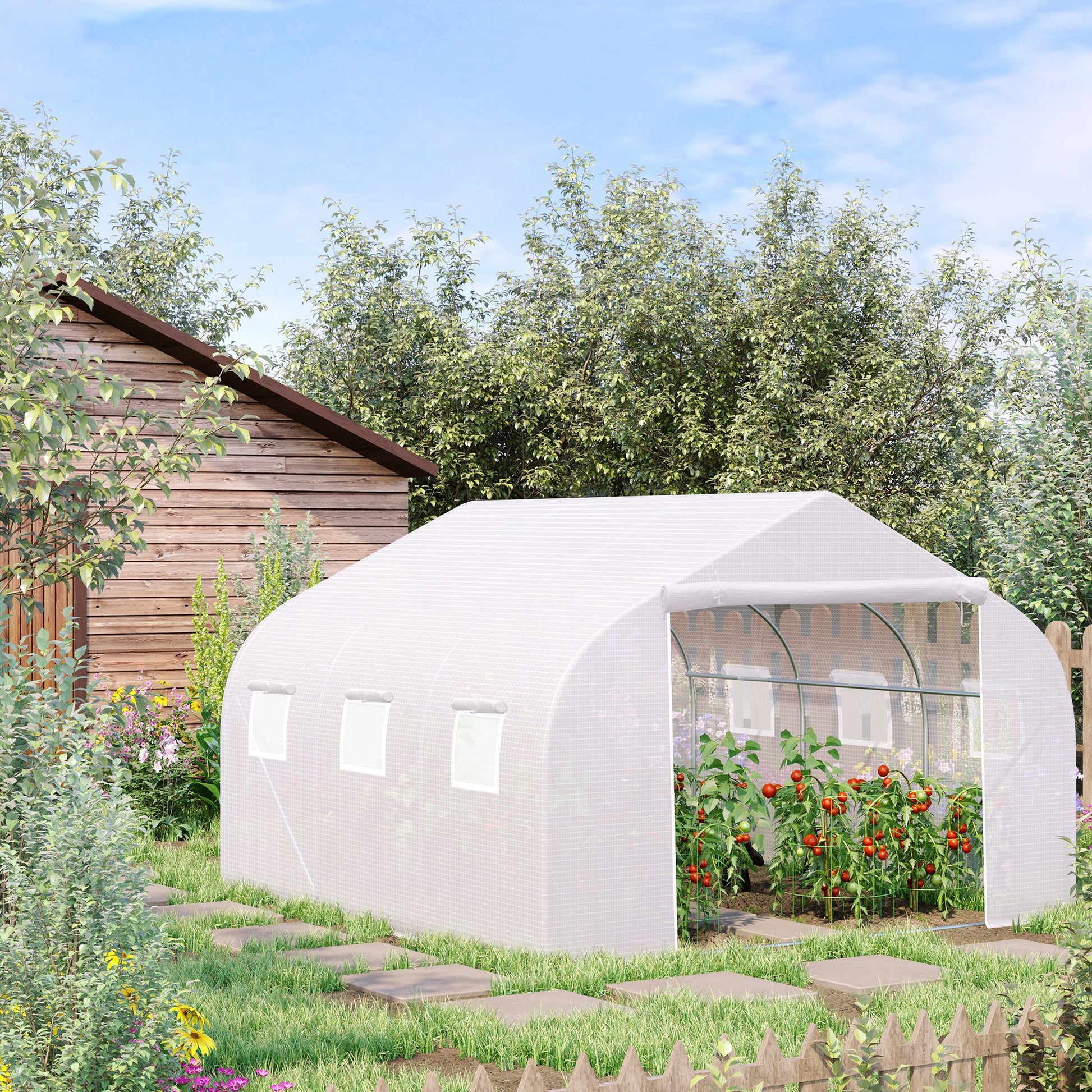 Tunnel Greenhouse 3.5x3x2 m Garden Greenhouse with 6 Windows and PE Polyethylene Cover 140 g/m² for Plants Flowers Vegetables in White Patio