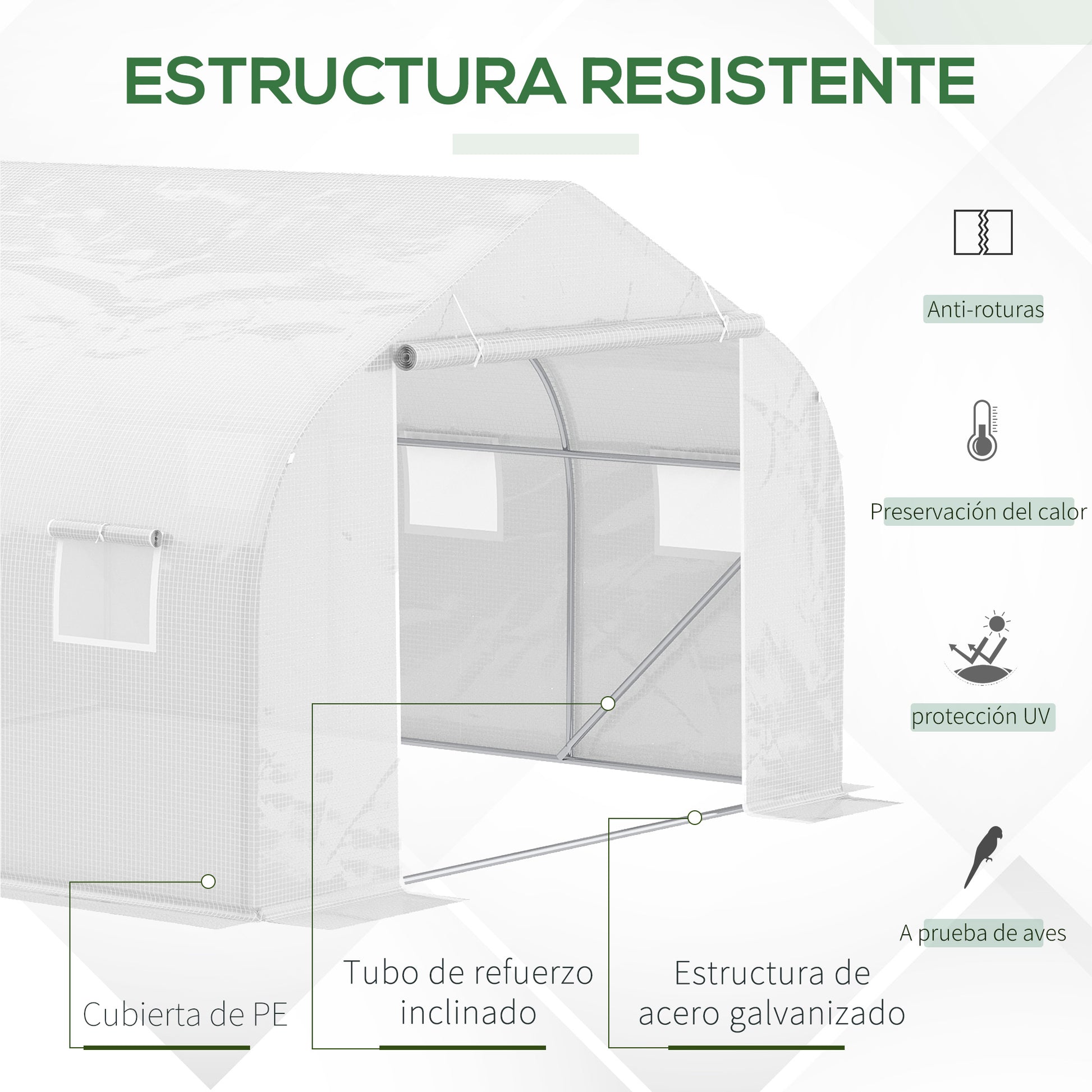 Tunnel Greenhouse 3.5x3x2 m Garden Greenhouse with 6 Windows and PE Polyethylene Cover 140 g/m² for Plants Flowers Vegetables in White Patio