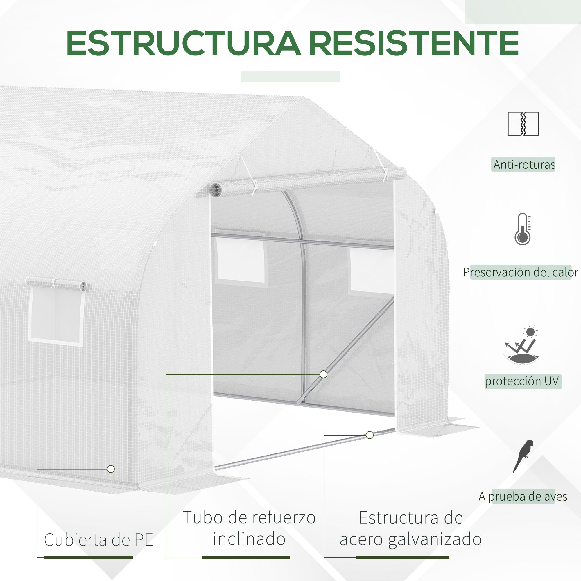 Tunnel Greenhouse 3.5x3x2 m Garden Greenhouse with 6 Windows and PE Polyethylene Cover 140 g/m² for Plants Flowers Vegetables in White Patio