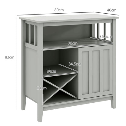 Kitchen Storage Buffet with Adjustable Shelf, Bottle Rack, Sliding Door, 2 Rows Glass Holder, and Open Niche 80L x 40W x 82H cm Gray