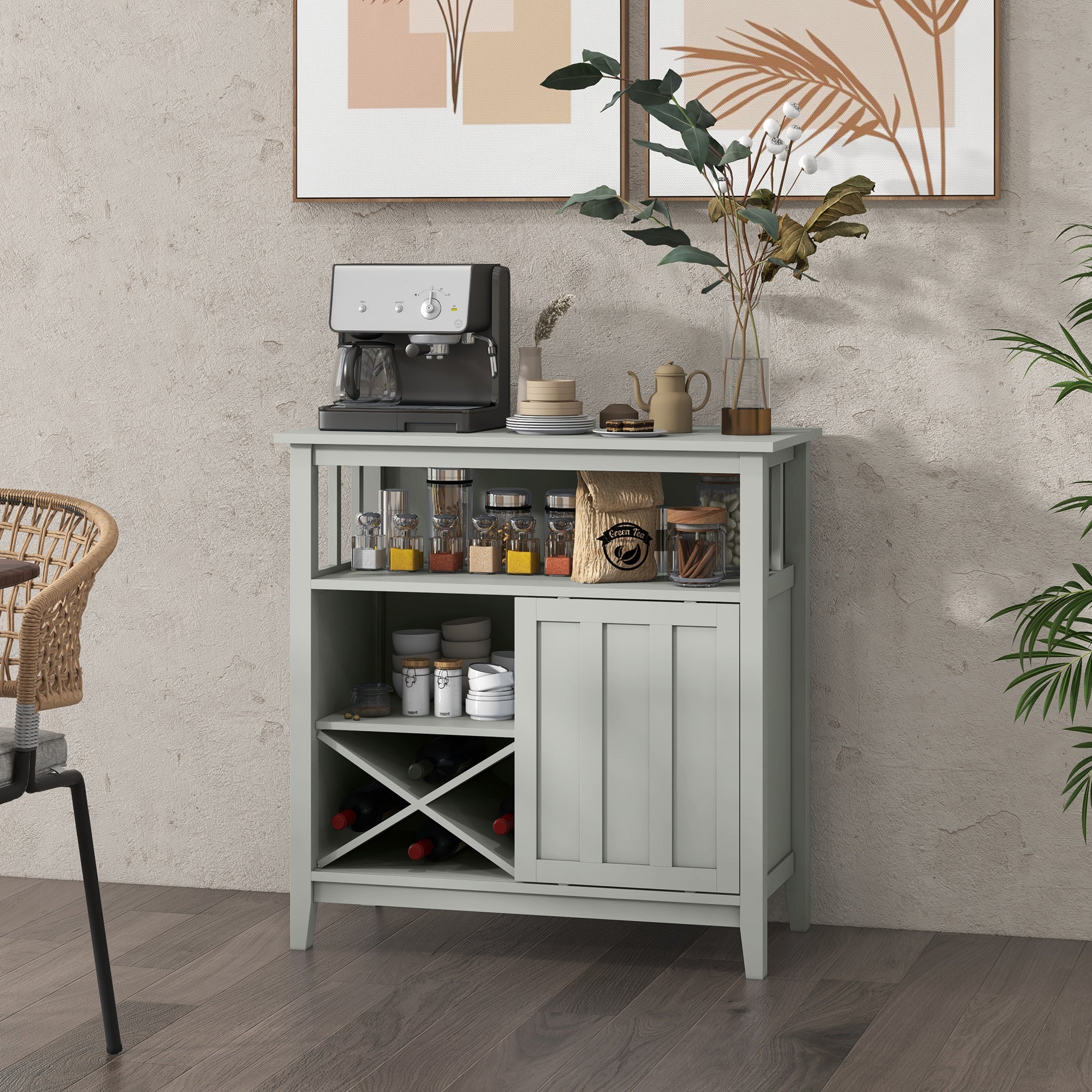 Kitchen Storage Buffet with Adjustable Shelf, Bottle Rack, Sliding Door, 2 Rows Glass Holder, and Open Niche 80L x 40W x 82H cm Gray