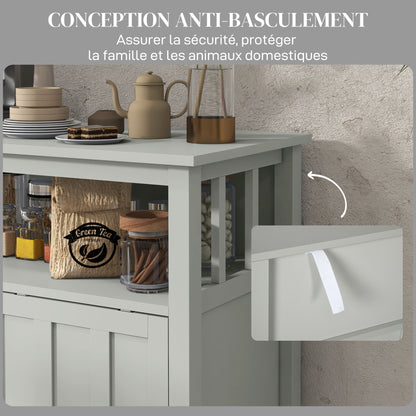 Kitchen Storage Buffet with Adjustable Shelf, Bottle Rack, Sliding Door, 2 Rows Glass Holder, and Open Niche 80L x 40W x 82H cm Gray