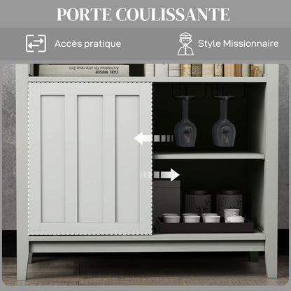 Kitchen Storage Buffet with Adjustable Shelf, Bottle Rack, Sliding Door, 2 Rows Glass Holder, and Open Niche 80L x 40W x 82H cm Gray