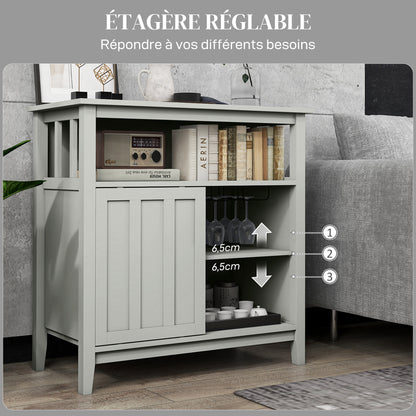 Kitchen Storage Buffet with Adjustable Shelf, Bottle Rack, Sliding Door, 2 Rows Glass Holder, and Open Niche 80L x 40W x 82H cm Gray