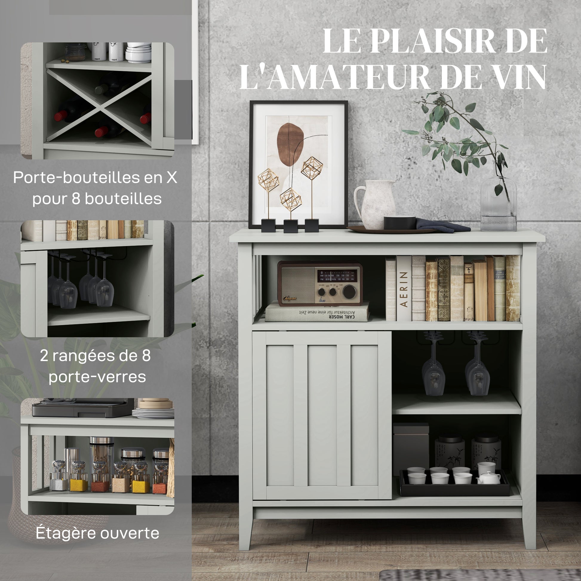Kitchen Storage Buffet with Adjustable Shelf, Bottle Rack, Sliding Door, 2 Rows Glass Holder, and Open Niche 80L x 40W x 82H cm Gray