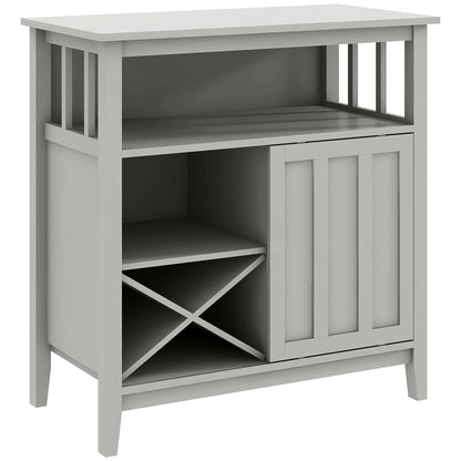 Kitchen Storage Buffet with Adjustable Shelf, Bottle Rack, Sliding Door, 2 Rows Glass Holder, and Open Niche 80L x 40W x 82H cm Gray