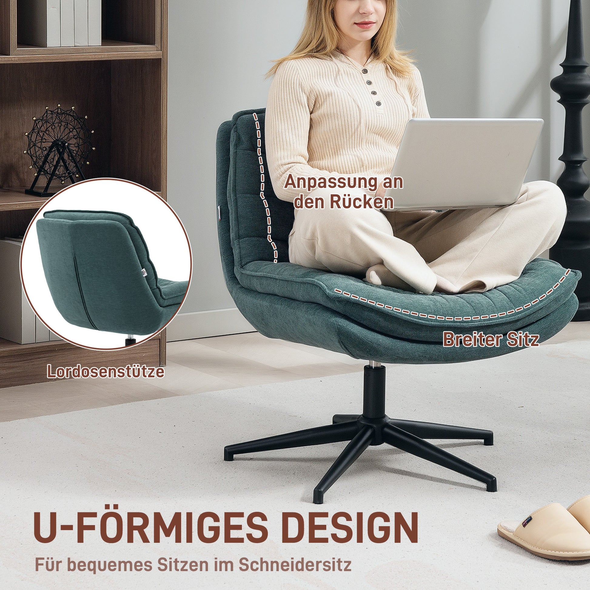 Office Chair Desk Chair without Armrests with Wide Seat, Height Adjustable Tailor Seat Chair Double Thick Swivel Chair with Linen Look, for Home Office, Dark Green